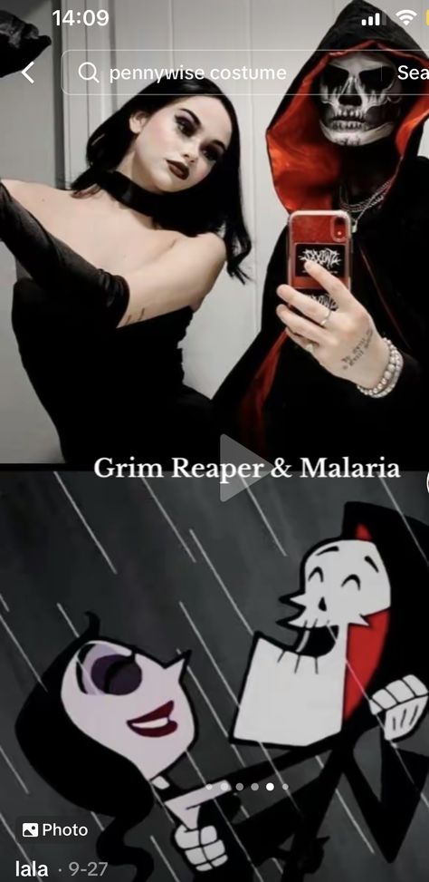 Grim Reaper And Malaria Couple Costume, Wednesday Couple Costume, Gothic Couples Costumes, Grim Reaper Couple Costume, Couples Costumes Horror, Iconic Couples Halloween Costumes, Jigsaw Couple Costume, Dark Hair Couple Costumes, Grim Reaper And Malaria Costume