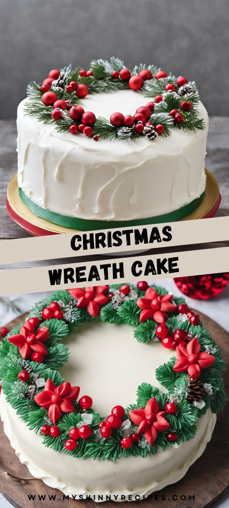 Wreath Cakes Christmas, Christmas Decorated Cakes Ideas, Wreath Christmas Cake, Wreath Cake Christmas, Christmas Cake Decoration Ideas, Dessert Wreath, Christmas Wreath Cake, Kersfees Idees, Hanukkah Desserts