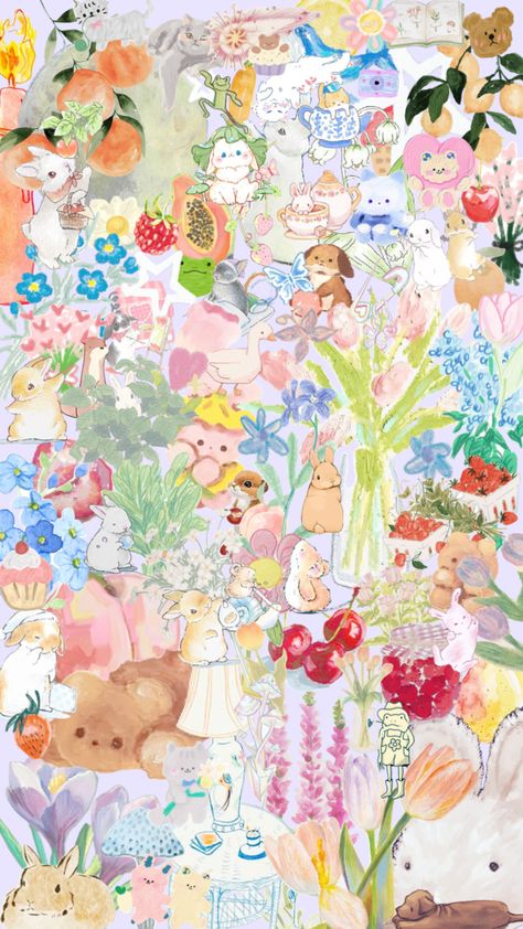 Pastel Whimsical Aesthetic, Cute Bunny Aesthetic Wallpaper, Bunny Homescreen, Pastel Collage Wallpaper, Vintage Pastel Aesthetic, Pastel Aesthetic Collage, Pastel Background Aesthetic, Bunny Aesthetic Wallpaper, Sanrio Collage