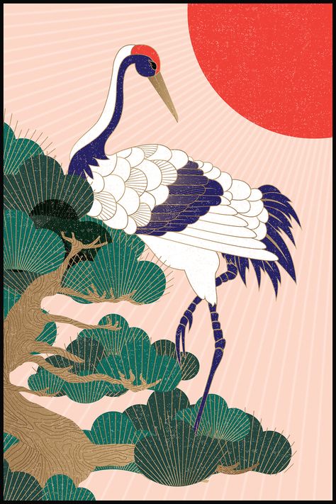 Modern Chinese Art, Common Crane, Japanese Art Modern, Japan Store, Japanese Artwork, 카드 디자인, Japon Illustration, Art Poster Prints, Art Japonais