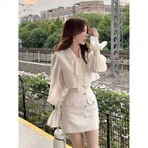 Trendy Tweed Suit Elegant Socialite Style Lightweight Spring Skirt 2-piece Set Women's Sweet Spicy Pretty Korean Dresses, Prep Skirt Outfit, Beautiful Korean Dress, French Aesthetic Clothes, Formal Kpop Outfits, Pretty Korean Outfits, Aesthetic Clothes Coquette, Kpop Ideas Outfit, Korean Elegant Style