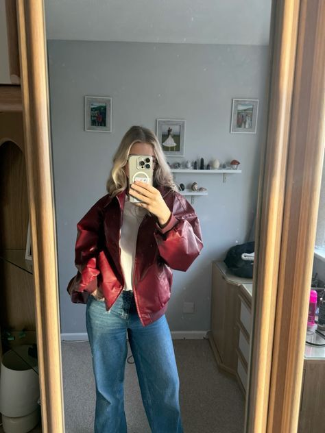 Outfit Ideas With Red Jacket, Cherry Fall Outfit, Red Dress Outfit With Jacket, Cherry Red Autumn Outfits, Outfit Ideas Red Jacket, Red Jacket Fall Outfit, Outfits With Red Jacket Winter, Faux Leather Jacket Outfit Winter, Fall Outfits 2024 Cherry Red