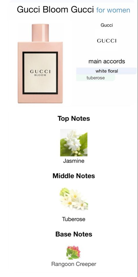 Gucci Jasmine Perfume, White Floral Perfumes, Jasmine Parfum, Gucci Perfume For Women, Gucci Bloom Perfume, Tuberose Perfume, Rangoon Creeper, Parfum Gucci, Perfume Notes