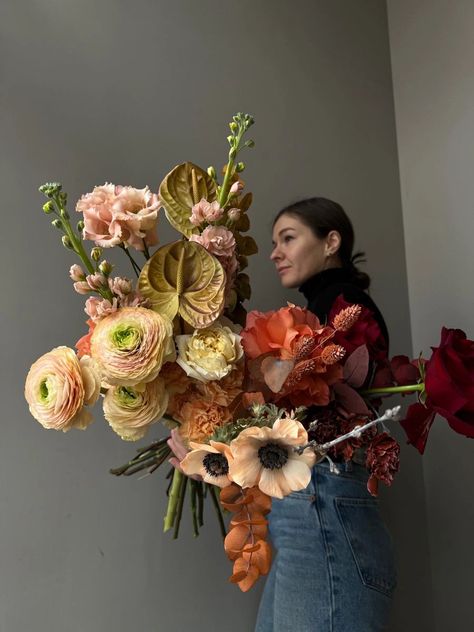 Apricot Lisianthus, Anthurium Arrangement, Anthurium Bouquet, Pink Anthurium, Monochromatic Flowers, Orange Eucalyptus, Peach Ranunculus, Burn Orange, Flowers House