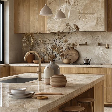 Japandi kitchens often feature a neutral color palette, blending muted tones like whites, creams, grays, and light wood tones. These colors… | Instagram Cream Kitchen Countertops, Light Wood And White Kitchen, Kitchen Neutral Colors, Kitchen White And Wood, Nature Inspired Interior Design, Stone Kitchen Countertops, Light Wood Kitchen, Japandi Color Palette, Japandi Style Kitchen