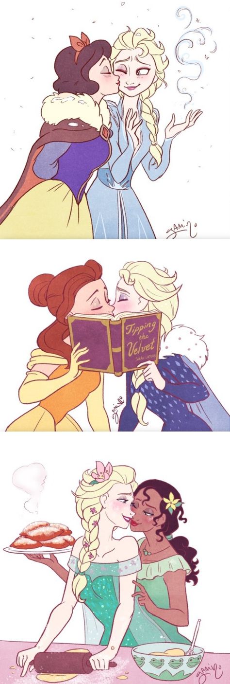 Disney Princess Yuri Kiss, Disney Crossovers Ships, Gay Disney Princesses, Disney Ships Crossover, Wlw Kiss Art, Gay Disney Ships, Gl Fanart, Disney Princess Kiss, Wlw Fanart