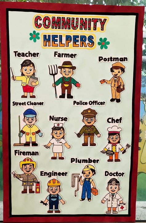 Community Helper Door Decoration, Community Helpers Chart Preschool, Community School Project, Community Helpers Images, Our Helpers Chart For Kids, Community Helpers Classroom Decor, Community Helpers Bulletin Board Ideas For Preschool, Community Helpers Decorations, Community Helpers Bulletin Board Ideas