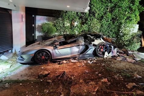 Lamborghini Aventador Crushed By A Truck While Sitting In The Driveway | CarBuzz Custom Lamborghini, Crazy Driver, Expensive Car, Towing Company, Aventador Svj, Farmhouse Entryway, Delivery Truck, Towing Service, Mercedes Maybach