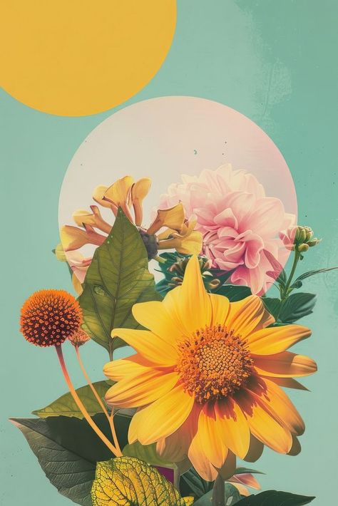 Sun and floral art asteraceae sunflower. | free image by rawpixel.com Sun Flowers Aesthetic, Moon Flower Art, Case Transparente, Retro Sunflower, Images Of Sun, Floral Wallpapers, Sun Flowers, Journal Book, Plant Aesthetic