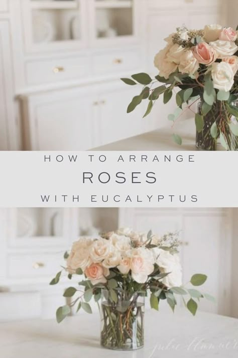 Modern Flower Centerpieces, Floral Arrangements With Eucalyptus, Simple Rose Arrangements Diy, Roses Arrangements Diy, How To Do Flower Arrangements, How To Make Floral Arrangements, How To Make A Flower Arrangement, Simple Flower Arrangements Centerpiece, Eucalyptus Wedding Centerpieces