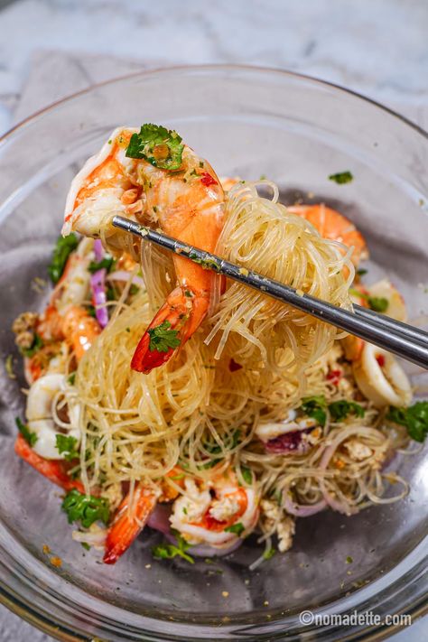 Yum Woon Sen | Thai Glass Noodle Salad - Nomadette Yum Woon Sen Salad, Glass Noodle Recipes, Yum Woon Sen, Thai Glass Noodle Salad, Glass Noodles Recipe, Vietnamese Noodle Salad, Thai Noodle Salad, Glass Noodle Salad, Japanese Salad