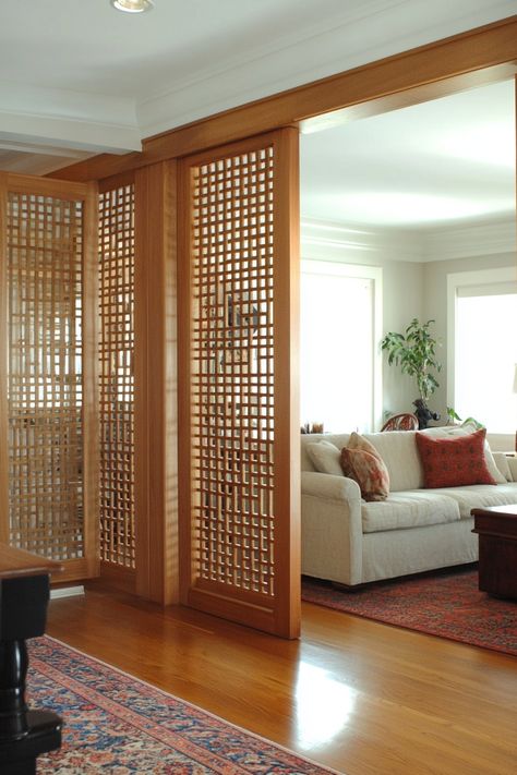 Japandi Divider Design, Dining Room Living Room Divider, Small Room Divider Ideas Bedrooms, Room Petition Ideas, Partial Wall Partition, Wall Separation Ideas Room Dividers Wood, Room Enclosure Ideas, Ceiling Divider Ideas, Sliding Panels Room Divider