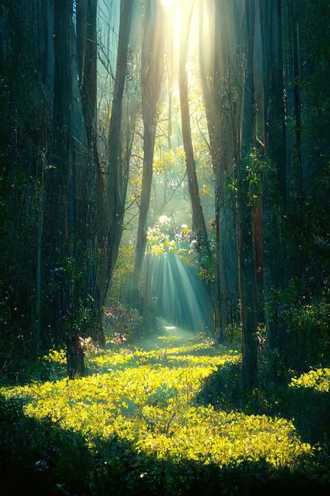 Forest Dappled Light, Forest Sunlight Painting, Sunlit Forest Aesthetic, Light Coming Through Trees, Dappled Light Painting, Forest Clearing Illustration, Sunlight Through Trees Painting, Sun Through Trees, Light Through Trees