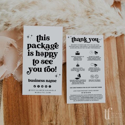 Retro Car Diffuser Care and Thank You Business Card Canva Template | Dani - Trendy Fox Studio Care Instructions Card Design, Thank You Card For Customer, Instruction Card Design, Product Care Card, Packaging Inserts, Baby Art Projects, Gift Card Design, Diffuser Oil, Small Business Packaging Ideas