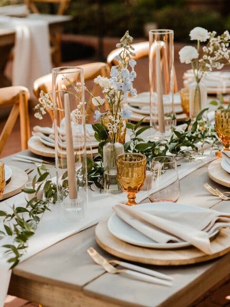 Neutral Boho Centerpiece, Simple Elegant Wedding Centerpieces Long Table, Taper Candle Centerpiece, Long Table Centerpieces, Bud Vases Wedding, Taper Candles Wedding, Spring Wedding Centerpieces, Colored Taper Candles, Long Table Wedding