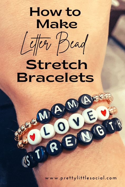 Diy Candy Bracelets, Diy Word Bracelets Beads, Letter Bead Bracelets Diy, Making Name Bracelets, How To Make Beaded Word Bracelets, How To Make Name Bead Bracelets, How To Make Letter Bead Bracelets, Letter Bracelet Beads Ideas Diy, How To Make Beaded Stretch Bracelets