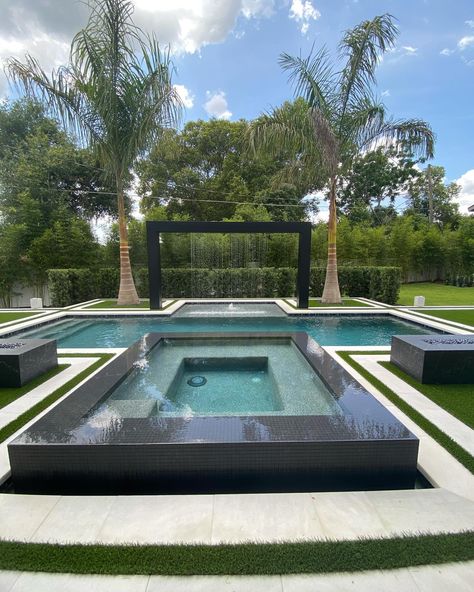 Isn’t she lovelyyyyy 🎶 🤩 isn’t she beau ti full 🎶 Take the tour ⭐️�📸 @homesbythesun . . . #floridahomes #hometours #modern #realestate #orlando #pool #poolparty #patio #design #winterpark #orlandoliving Vertical Pool Layout, Midwest Pool Ideas, Pool Privacy Wall, Black Bottom Pools Modern, Black Pool Aesthetic, Modern Pool Tile Ideas, Dark Pool Aesthetic, Dark Bottom Pool, Modern Pool Ideas