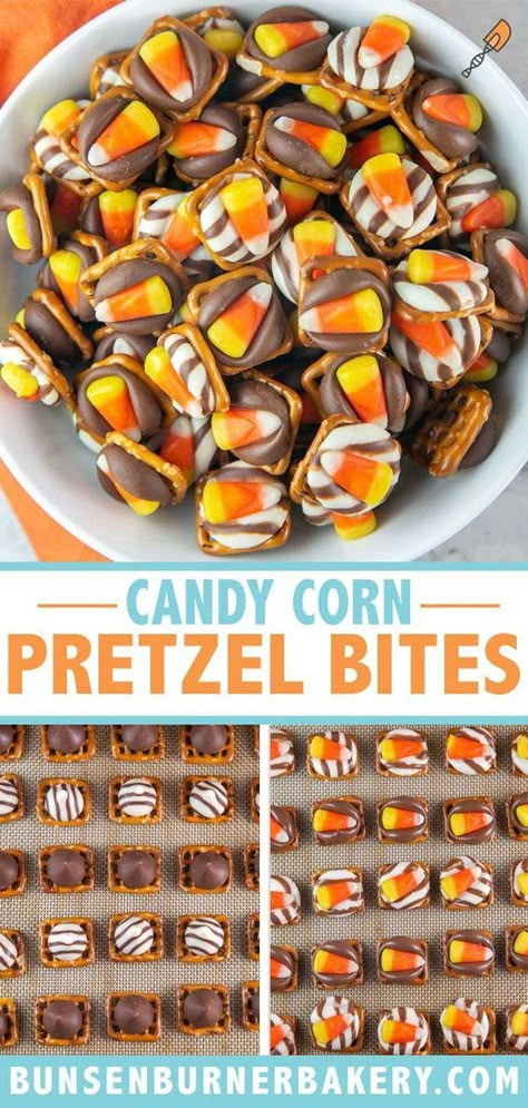 Treats With Candy Corn, Dessert With Candy Corn, Candy Corn Thanksgiving Treats, Halloween Treats Candy Corn, Easy Halloween Pretzel Treats, Halloween Pretzel Bites, Candy Corn Trail Mix Halloween Party, Halloween Desserts Candy Corn, Candy Corn Pretzel Bites