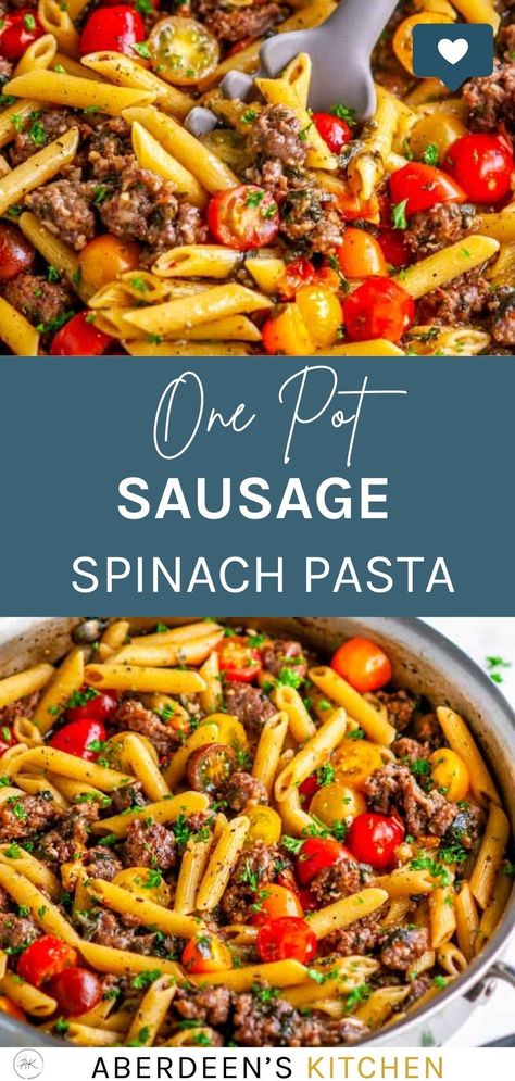 You will love this One Pot Sausage Spinach Pasta - First, and most obviously, it's in one pot. The ultimate win. You cook the pasta right in the skillet with the sausage and veggies!Two, it takes less than 30 minutes. Quick and easy!Third, it's delicious. One Pot Kielbasa, Sausage Pasta Recipes Easy, One Pot Sausage Pasta, One Pot Sausage, Kielbasa Pasta, Mascarpone Sauce, Sausage Pasta Recipe, Easy Pasta Dinner Recipes, Smoked Sausage Pasta