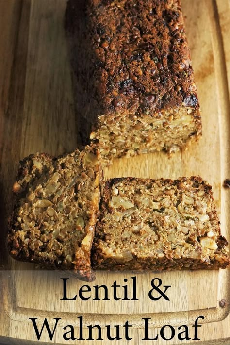 sliced lentil and walnut loaf on a wooden board Roasted Potatoes And Vegetables, Veggie Loaf, Walnut Loaf, Potatoes And Veggies, Potatoes And Vegetables, Lentil Loaf, Canned Lentils, Vegetarian Bake, Loaf Recipes