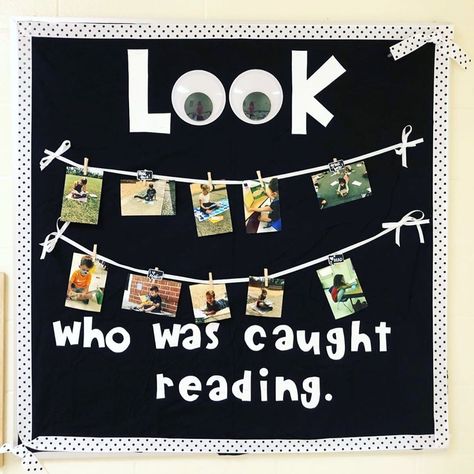 Look Who Got Caught Reading Board, Caught Reading Bulletin Board, Look Who Got Caught Reading, Year Long Bulletin Boards, Library Rules Poster, Instagram Bulletin Board, Preschool Families Activities, Jamie Kelly, Caught Being Good