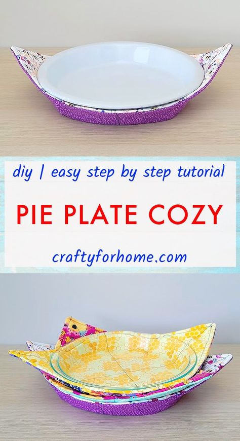 Yellow and purple flower printed fabric with glass and white pie plate. Diy Pie, Plate Cozy, Fat Quarter Sewing Projects, Diy Sewing Gifts, Fabric Bowls, Sewing Tutorials Free, Sewing Projects For Kids, Small Sewing Projects, Hot Pad