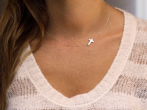 Sideways Cross Sterling Silver Necklace Celebrity Inspired Kelly Ripa Necklace Gold Cross Necklace For Women, White Gold Cross Necklace, Cross Necklace Simple, Cross Necklace For Women, Sideways Cross Necklace, Dainty Cross Necklace, Cross Necklace Sideways, Necklace White Gold, Cross Necklaces