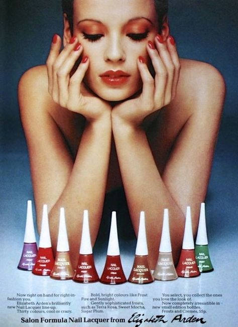 Salon Formula Nail Lacquer from Elizabeth Arden, Vogue UK November 1974 Nail Polish Ads, 1980s Nails, 70s Inspired Outfits, 70s Makeup, Vintage Nails, Retro Beauty, Nails Now, Print Media, Vintage Cosmetics