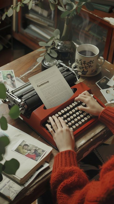 "Vintage #WritingProcess: An individual in a warm sweater is typing on an #AntiqueTypewriter among various personal items. #Typewriter #Vintage #Writing #Creativity #Nostalgia #AIArt #AIPhoto #StockCake ⬇️ #Download and 📝 #Prompt 👉 https://stockcake.com/i/vintage-writing-process_709075_607072". Women Writing Aesthetic, Newspaper Writer Aesthetic, Writing Class Aesthetic, Writing Story Aesthetic, Creative Process Aesthetic, Typewriter Photoshoot, Woman Writing Aesthetic, Script Writing Aesthetic, Vintage Typewriter Aesthetic