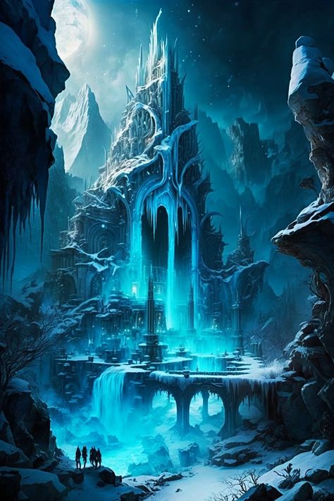 Ice Bedroom Fantasy Art, Ice World Fantasy Art, Ice Castle Fantasy Art, Ice Kingdom Aesthetic, Fantasy Water Kingdom, Fantasy Ice Kingdom, Fantasy Ice Landscape, Ice Kingdom Fantasy Art, Water Kingdom