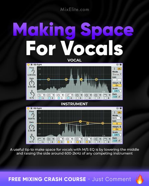 Free Mixing Crash Course 👉 MixElite.com/free-course  Yo, struggling to make your vocals stand out? Here’s a pro tip straight from the studio: it’s all about that M/S EQ magic.    #mixingmaster #vocalmixing #studiohacks #producertips #musicproduction #homeStudio #eqtips Fl Studio Tips, Producer Tips, Vocal Tips, Music Engineers, Audio Mastering, Music Mixing, Music Tutorials, Studio Music, Music Making