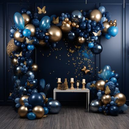 A blue-themed birthday decoration exudes a sense of tranquility and excitement, creating a memorable celebration that will leave everyone enchanted and captivated by the beauty of the sea and the sky. Night Bday Party Decoration, Midnight Blue Theme Party, Blue Gold Birthday Theme, 18th Birthday Blue Theme, 21st Birthday Ideas Blue, Gold And Blue Party, Blue And Gold Birthday Decorations, Dark Blue Balloons, Blue Birthday Themes