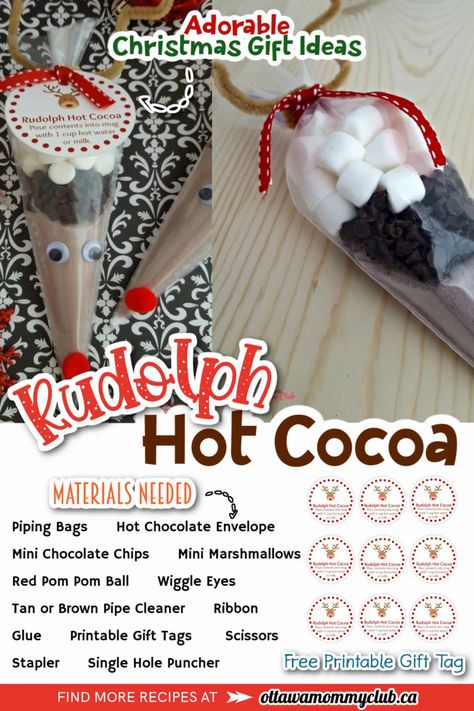 Adorable Rudolph Hot Cocoa DIY With Printable Gift Tags | OMC Hot Cocoa Gift Ideas, Christmas Gift Ideas For Teachers, Diy Gag Gifts, Christmas Hot Chocolate Gifts, Handmade Christmas Gift Ideas, Gift Ideas For Teachers, Hot Cocoa Gift, Diy Hot Cocoa, Cocoa Gift