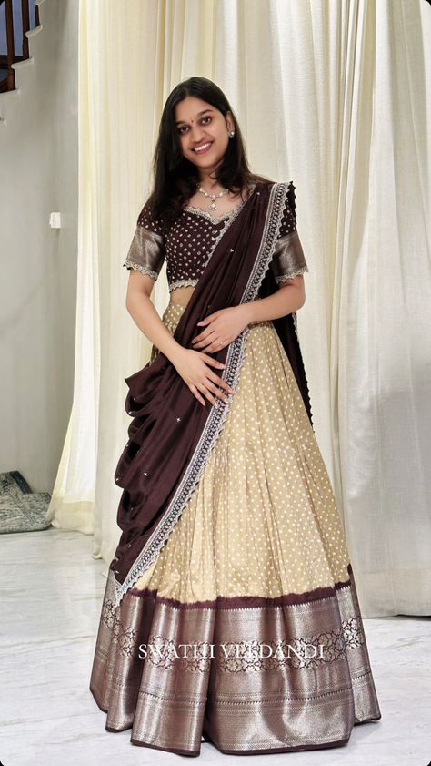 Langa Voni, Lehenga Saree Design, Long Frock Designs, Simple Lehenga, Long Gown Design, Half Saree Lehenga, Third Child, Simple Frocks, Traditional Blouse Designs