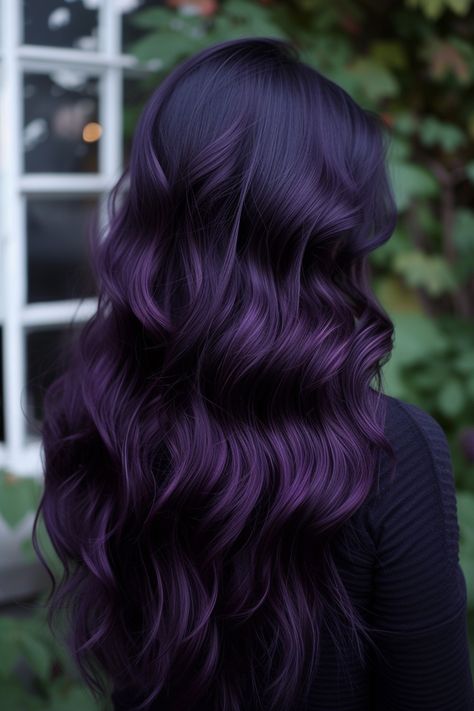 Pop Hair Color Ideas, Royal Purple Highlights, Dark Purple Hair Inspiration, Dark Hair Purple Balayage, Darker Purple Hair, Dark Brown And Dark Purple Hair, Dyed Hair Purple Highlights, Purple Dark Hair Color, Violet Purple Hair Color