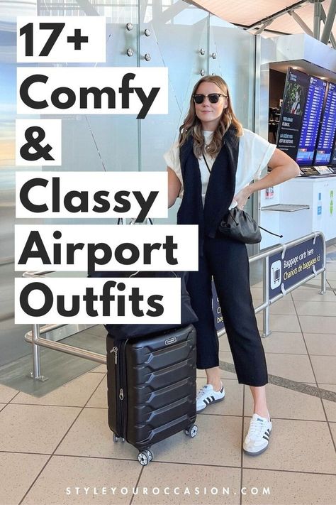 Looking for casual and chic airport outfit ideas or comfy travel outfit inspiration? We’re sharing 17+ chic and modern airport fits and travel day outfits for women for every season from spring and summer to fall and winter. Get an elevated classy aesthetic with these trendy airport outfits that include loungewear, leggings, jeans, dresses, and more! Airport outfit aesthetic Plane Wear Travel Outfit Ideas, Business Class Airport Outfits, Women’s Airport Outfit, Professional Airport Outfit, Business Casual Travel Outfits For Women, Stylish Travel Outfits For Women, Black Travel Outfit, Airport Outfit Leggings, Plus Size Travel Outfits