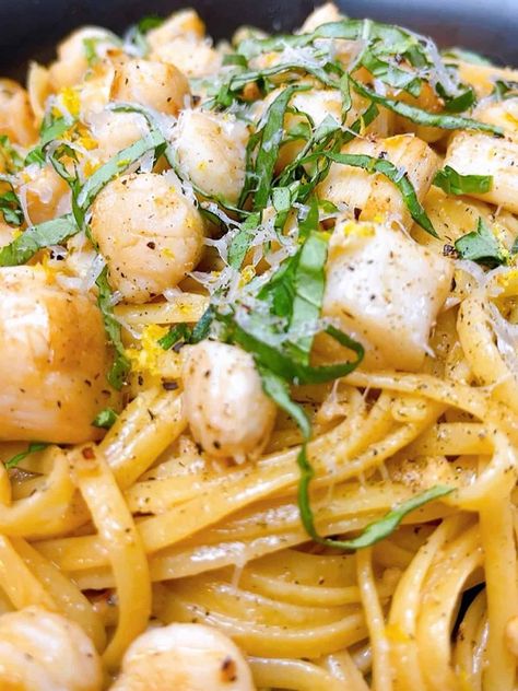 Bay Scallop Pasta with White Wine Sauce hero 2 Scallops And Pasta Red Sauce, Bay Scallop Pasta, Scallop Spaghetti In White Wine Sauce, Scallops And Pasta, Bay Scallops, Scallop Linguine, Bay Scallop Recipes, Scallop Recipes Pasta, Scallop Pasta