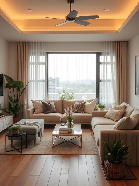 Transform your living room into a cozy haven! Embrace modern aesthetics with warm hues and lush indoor plants for a relaxing, inviting space. 🍃✨ Living Room With Greenery, Stylish Living Room Ideas, Cozy Scandinavian, House Ceiling Design, Ceiling Design Living Room, Apartment Aesthetic, New Condo, Stylish Living Room, Elevate Your Home