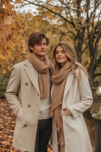 19 Cute Fall Couple Photoshoot Outfits Couples Trench Coat Outfit, Fall Outfit Engagement Photos, Christmas Card Ideas Picture Couple, Coordinated Couples Outfits, Classy Couple Outfits, Christmas Card Outfits Couple, Couples Casual Photoshoot, Thanksgiving Couple Pictures, Fall Photoshoot Couple