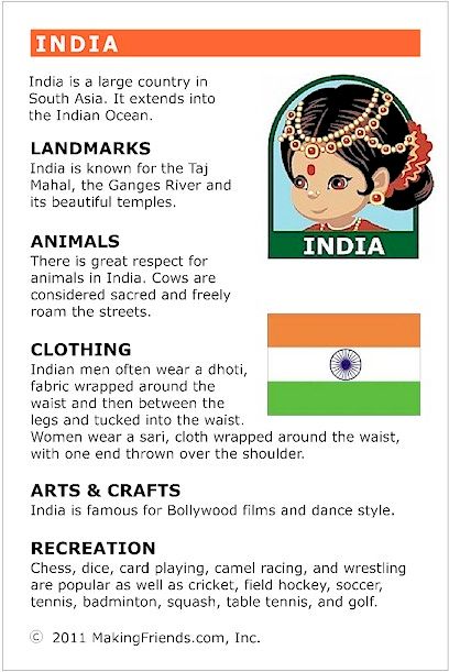 India Fact Card for your Girl Scout World Thinking Day or International celebration. Free printable available at MakingFriends.com. Fits perfectly in the World Thinking Passport, also available at MakingFriends.com Art Projects For Toddlers, Facts About India, Travel Reels, India For Kids, Around The World Theme, Summer Art Projects, India Crafts, Country Studies, About India