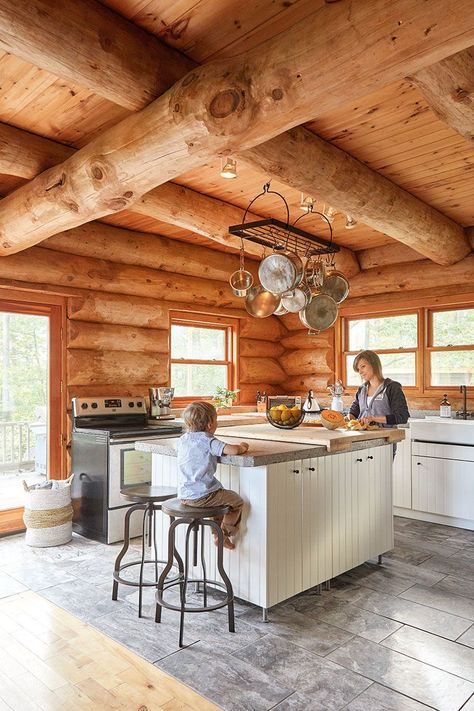 Modern Log Home Interiors, Modern Log Cabin Interior, Build Cabin, Log Cabin Renovation, Log Cabin Lighting, Log Cabin Interior Design, Log Cabin Kitchens, Modern Log Home, Log Cabin Kitchen