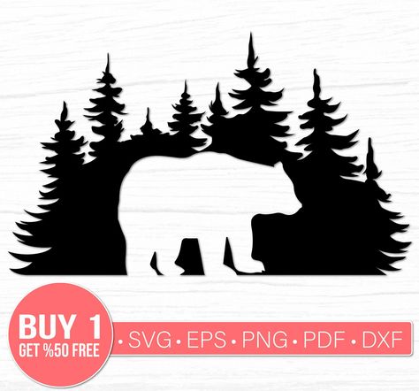 Woods Silhouette, Bear In Woods, Cricut Bear, Bear In Forest, Forest Svg, Mountains Svg, Circle Svg, Trees Svg, Wood Burning Stencils