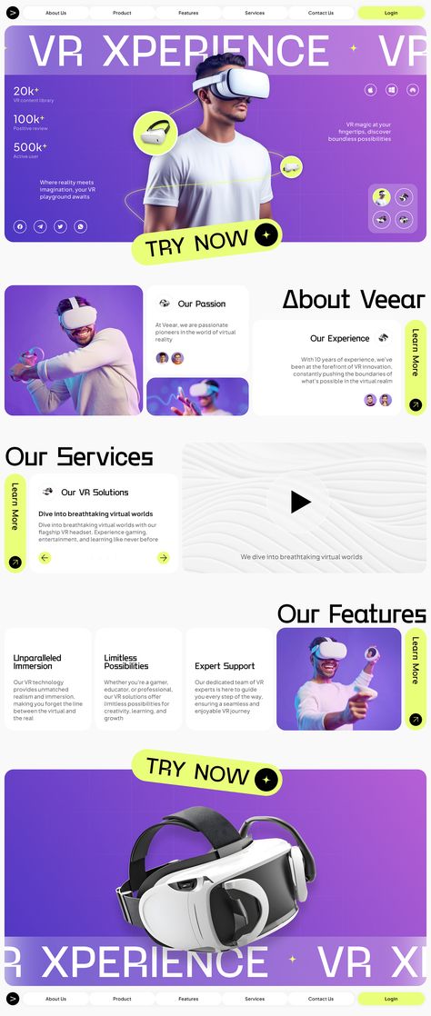 Veear - Virtual Reality AR Company Landing Page Website designed by Adhiari Subekti for One Week Wonders. Connect with them on Dribbble; the global community for designers and creative professionals. Company Landing Page, Landing Ideas, Best Landing Page Design, Landing Page Website, Website Design Inspiration Layout, Landing Page Inspiration, Website Design Wordpress, Modern Website Design, One Page Website