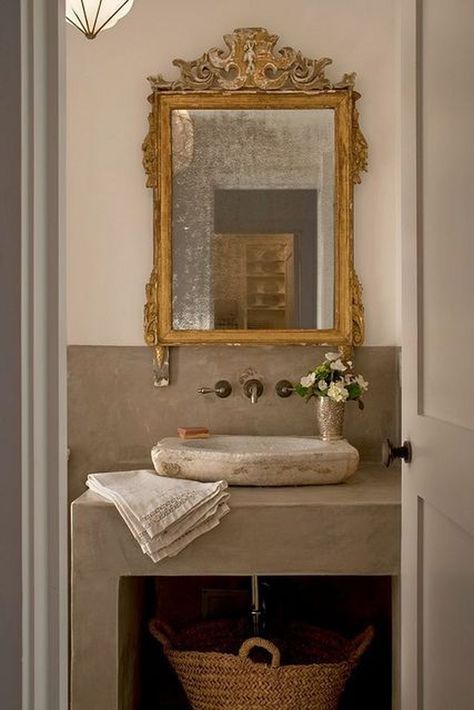 antique mirrors bathroom gold mirror over stone sink gorgeous french farmhouse style Antique Mirror Bathroom, French Country Bathroom, French Farmhouse Style, Shabby Chic Bathroom, Stone Sink, Chic Bathrooms, Bathroom Decoration, Cool Ideas, A Mirror