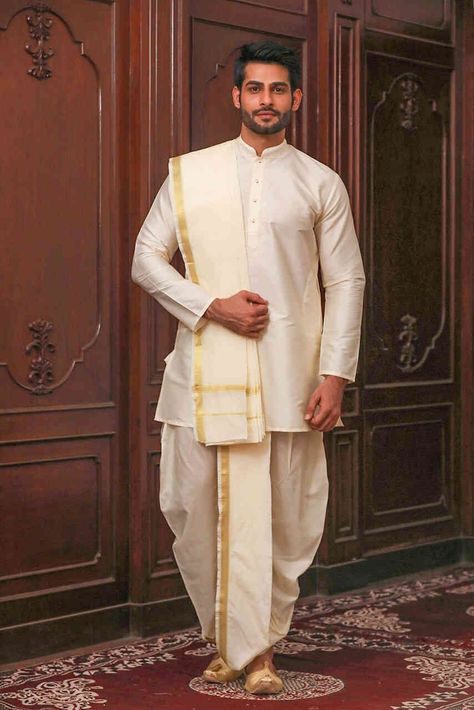 South Indian Dhoti Kurta For Men, White Dhoti Kurta For Men, Muhurtham Dress For Men, Muhurtham Dress For Groom, Dhoti For Men Indian Weddings, Dhoti Outfit Men, Traditional Dhoti Kurta For Men, Dothi Style Dress For Mens, Dhoti Kurta For Men Indian Weddings