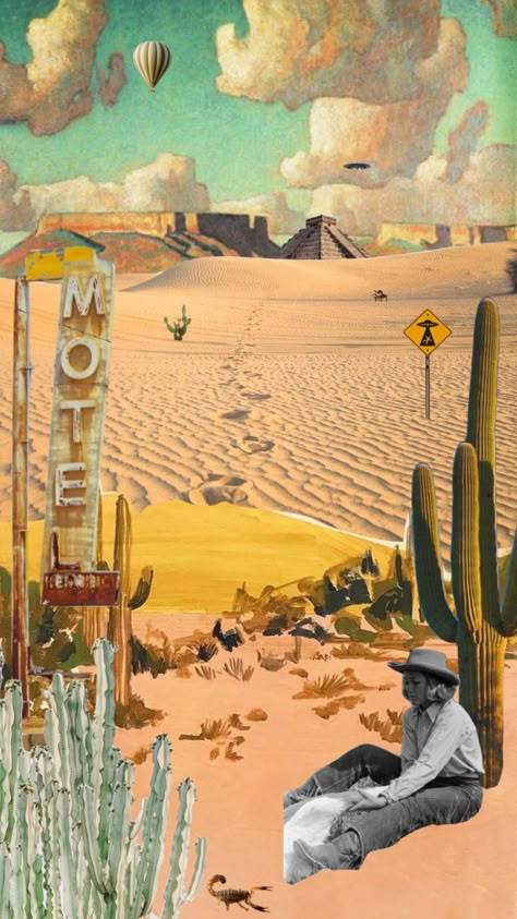 #desert #cowboy #cactus #vintage Desert Collage Art, Desert Poster Design, Retro Desert Aesthetic, California Cowboy Aesthetic, 70s Cowboy Aesthetic, California Desert Aesthetic, Vintage Desert Aesthetic, Beach Computer Wallpaper, Retro Cowboy Aesthetic