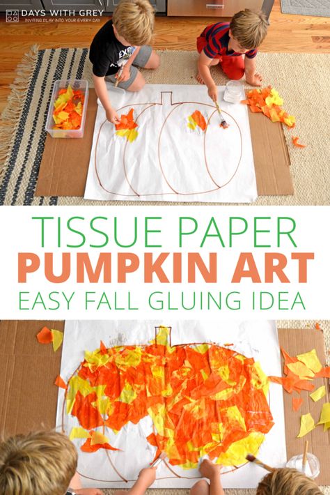 Fall And Pumpkins Preschool, Pumpkin Crafts For Prek, Pumpkin Theme Art Preschool, Pumpkin Art Crafts Preschool, Preschool Pumpkin Art Projects, Paper Pumpkins Craft, Pumpkin Sensory Activities Preschool, Pumpkin Art Prek, Tissue Paper Art Preschool