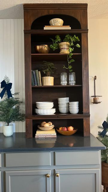 Bookshelf On Countertop, Antique Bookshelf In Kitchen, Kitchen Shelf Instead Of Cabinets, Bookshelf Kitchen Cabinets, Recipe Book Shelf Kitchen, Book Shelf In Kitchen, Wood Open Shelves Kitchen, How To Display Cookbooks In Kitchen Open Shelves, Hutch Top On Kitchen Counter