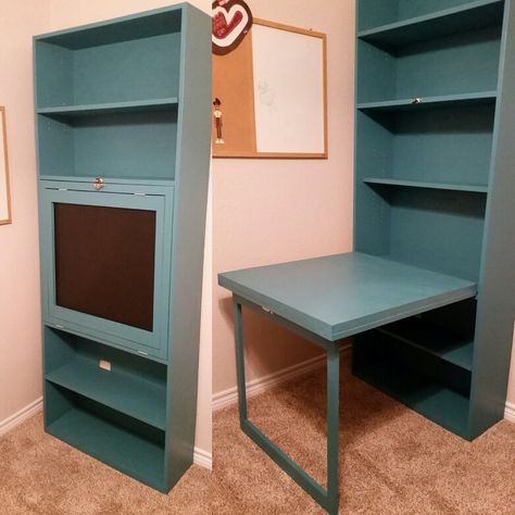 Murphy Desk and bookcase with chalk board picture frame Craft Desk Diy, Craft Room Desk, Murphy Desk, Desk Diy, Bookcase Diy, Diy Apartment Furniture, Furniture Small Spaces, Craft Desk, Kids Interior Room