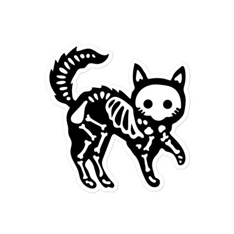 Cat Skeleton Illustration, High Cat Drawing, Drawing Halloween Ideas, Skull Cat Drawing, Cat Skeleton Drawing, Cat Skeleton Tattoo, Cat Skull Illustration, Cute Skeleton Drawing, Cat Skull Drawing